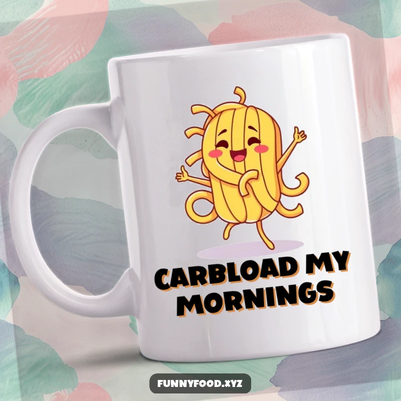 Funny pasta character doing a hilarious and energetic silly dance, bringing joy and laughter with every sip.