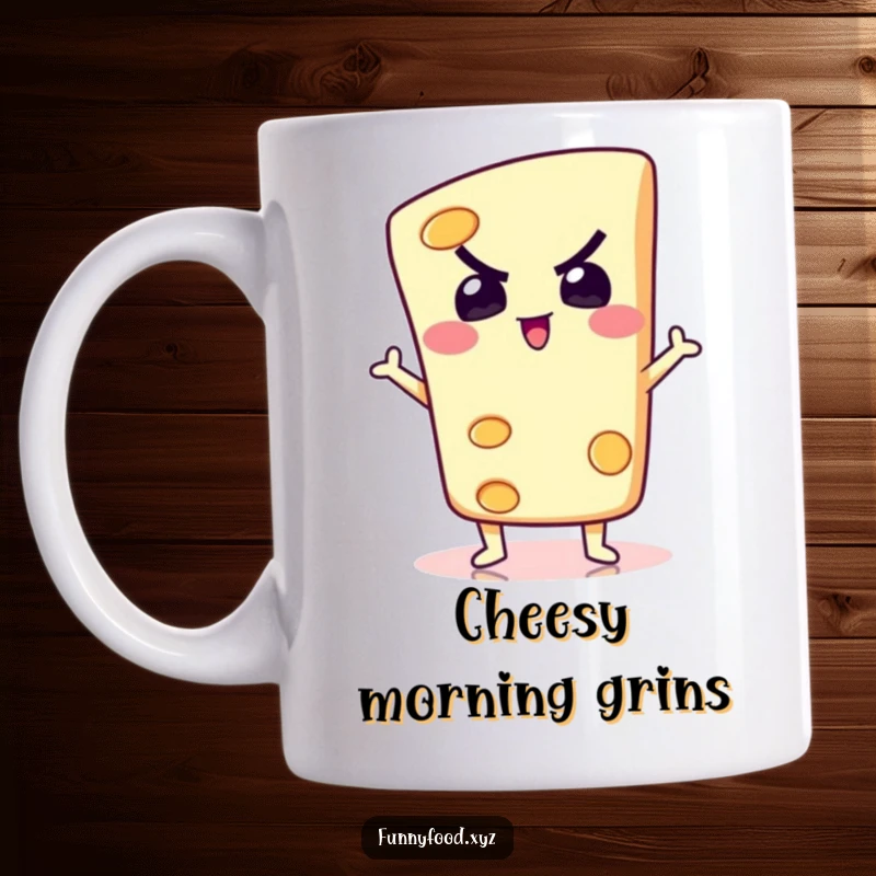 Funny determined slice of cheese striking a hilariously silly pose, full of personality and dairy charm on a mug.