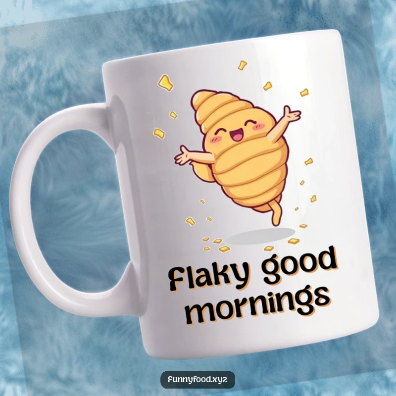 Funny croissant mug featuring a beaming anthropomorphic croissant performing a cartwheel with buttery flakes flying.