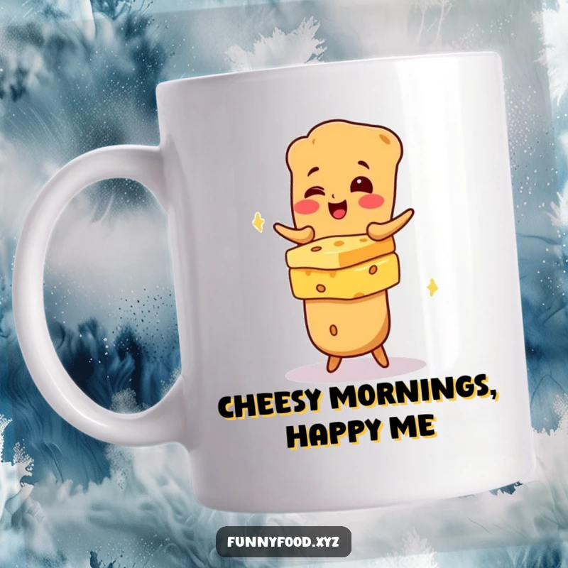 Funny giggling baguette character precariously balancing a tall stack of various cheeses, a humorous mug design.