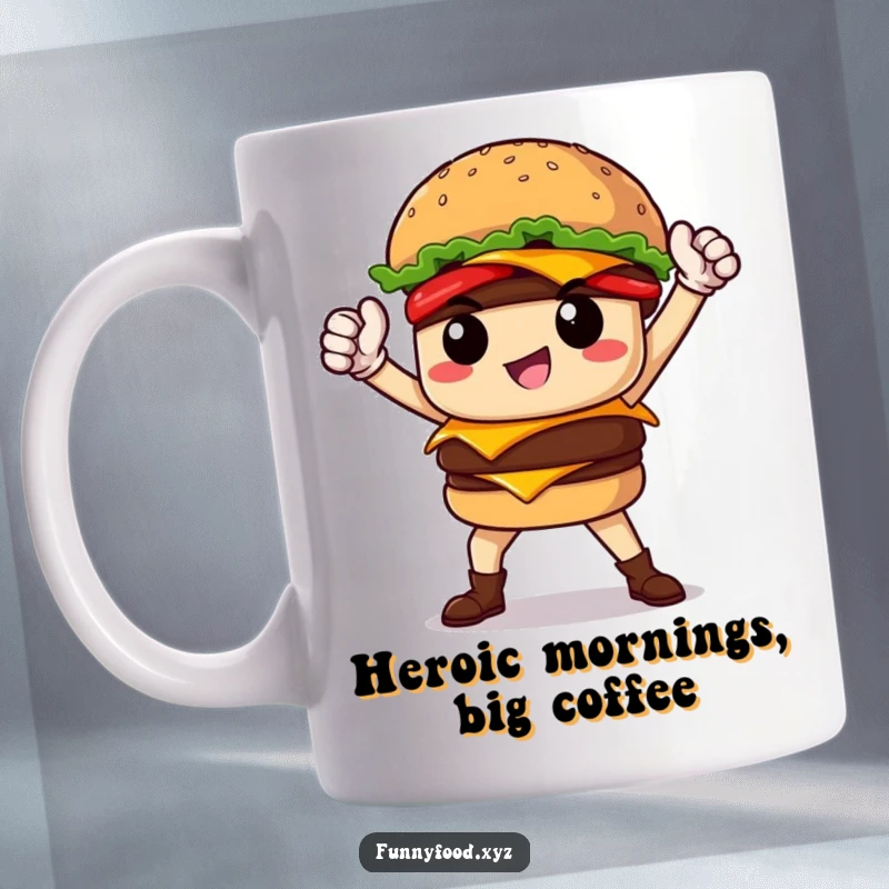 Funny proud burger character striking a powerful, heroic pose, a super-powered mug design for champions.