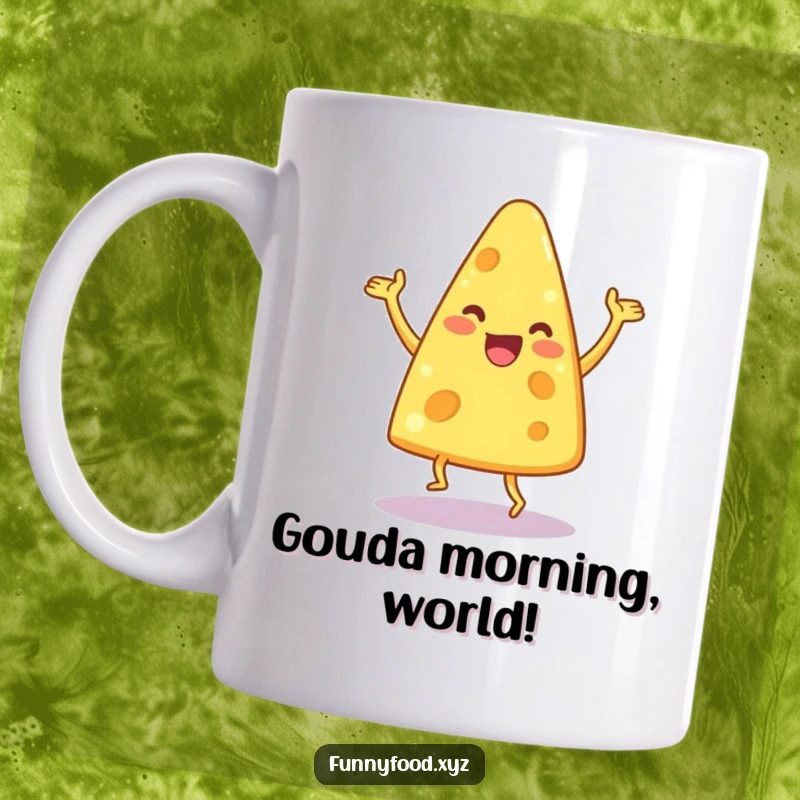 Funny cheese wedge mug showing a delighted anthropomorphic cheese doing a silly, energetic dance.