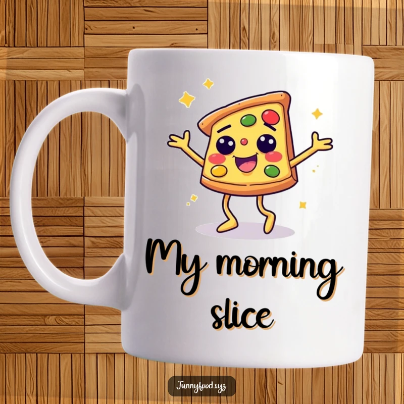 Funny mug showcasing a smiling pizza slice with legs enthusiastically disco dancing, radiating pure joy and dancefloor energy.