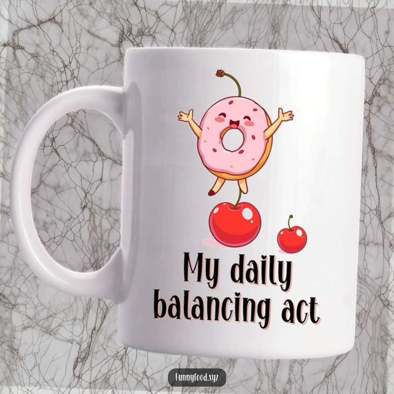 Funny Donut Mug featuring a happy donut person impressively balancing on a bright red cherry, full of glee.