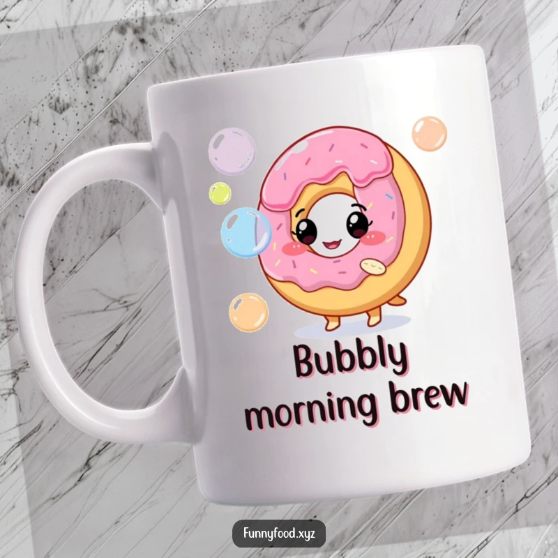 Funny mug with a smiling donut character joyfully blowing a stream of colorful, iridescent bubbles.