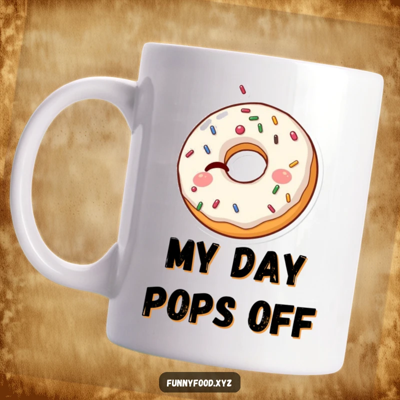 Funny Donut Mug: A mischievous donut winks with colorful sprinkles bursting out, adding humor and fun.