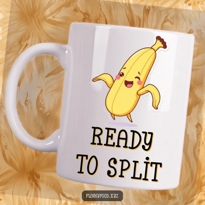 Funny excited banana character peeling itself with flair, energetic and humorous drinkware.