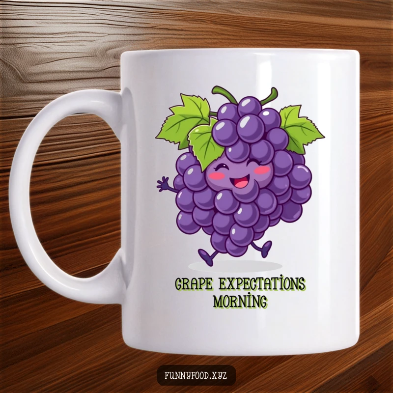 Funny smiling bunch of grapes mug, doing a jig, with one grape rolling away, a humorous and joyful fruit celebration.