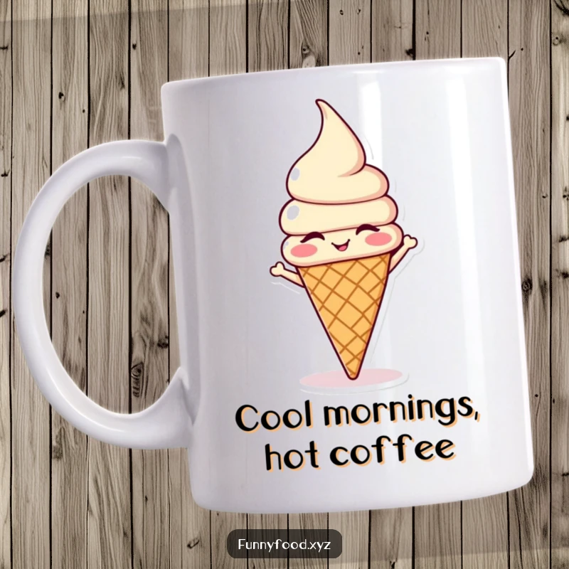 Funny winking ice cream cone character performing a headstand, bringing playful and humorous energy to a mug.