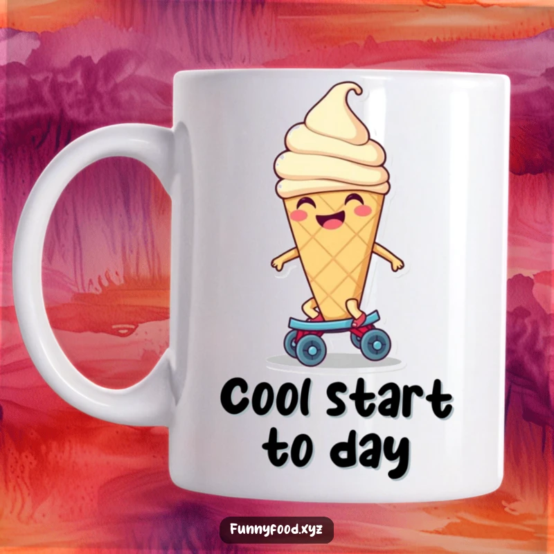 Funny ice cream cone mug showing a contented character smiling while smoothly riding on a tiny roller skate, conveying pure bliss.