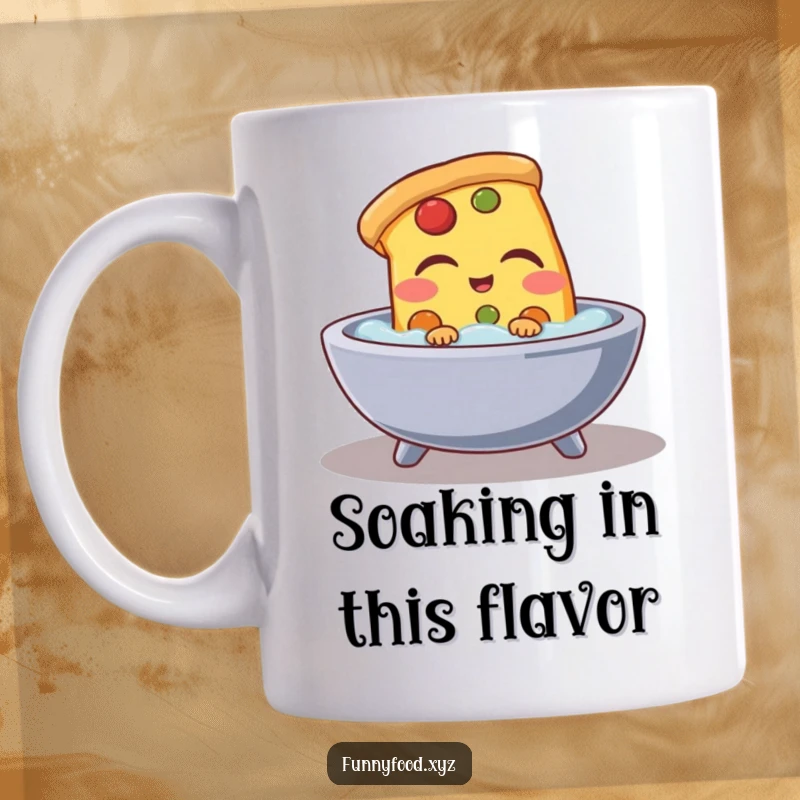 Funny pizza slice mug, depicting a happy pizza slice closed eyes, enjoying a steamy hot bath, perfect for a relaxing morning.