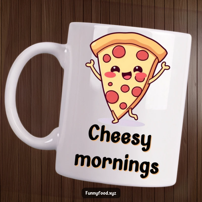Funny mug displaying a cheerful pizza slice with legs, joyfully dancing with enthusiasm and a wide, happy grin.