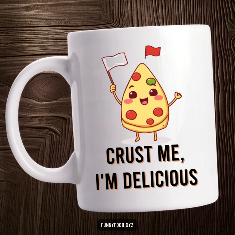 Funny pizza slice mug, a happy pizza slice waving a small flag, celebrating deliciousness with humor.