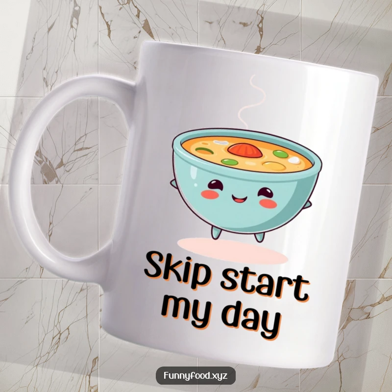 Funny soup mug, showing a content bowl of soup doing a happy skip with steam, perfect for cozy moments.