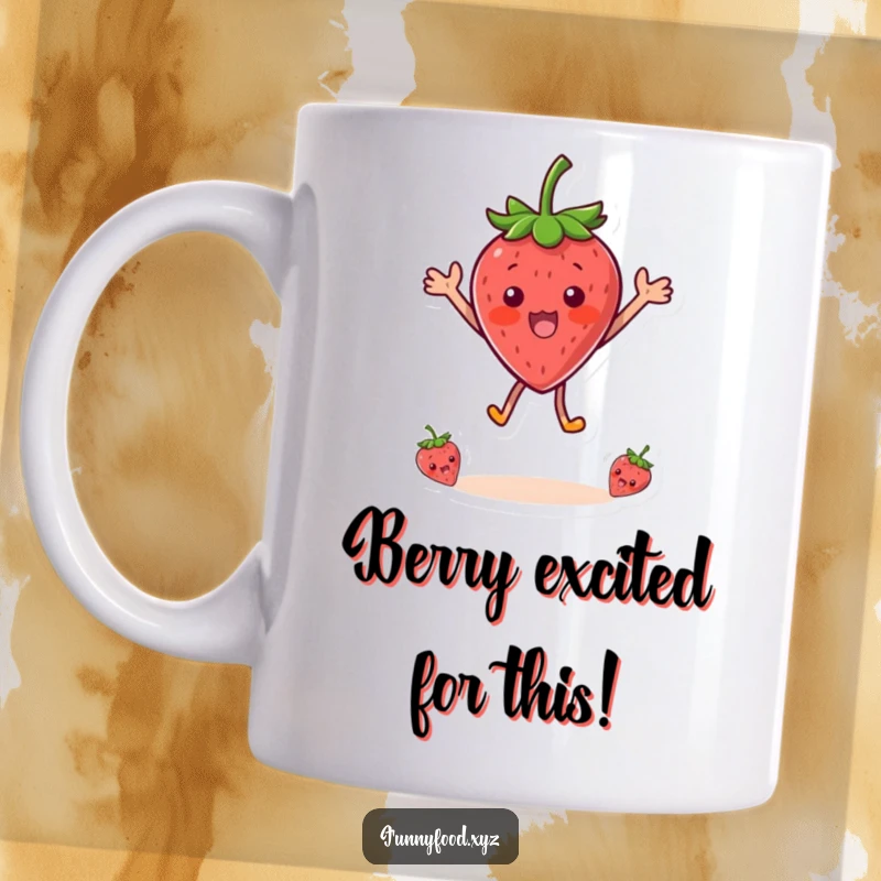 Funny mug with a surprised strawberry character leaping in the air with pure delight, showcasing its playful and energetic personality.