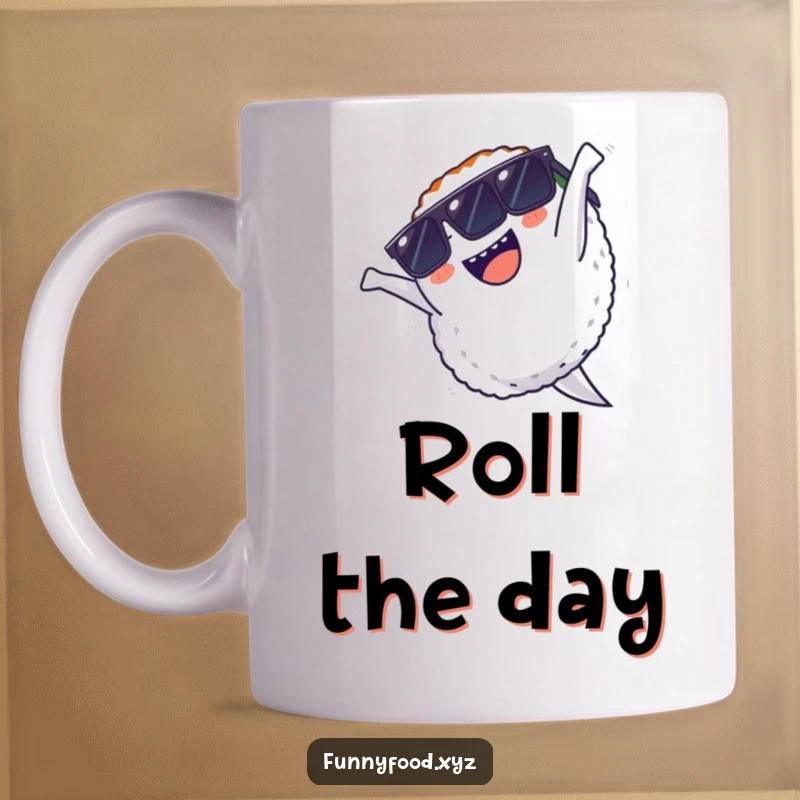 Funny mug showcasing a piece of sushi wearing sunglasses and performing an energetic backflip with flair and delight.