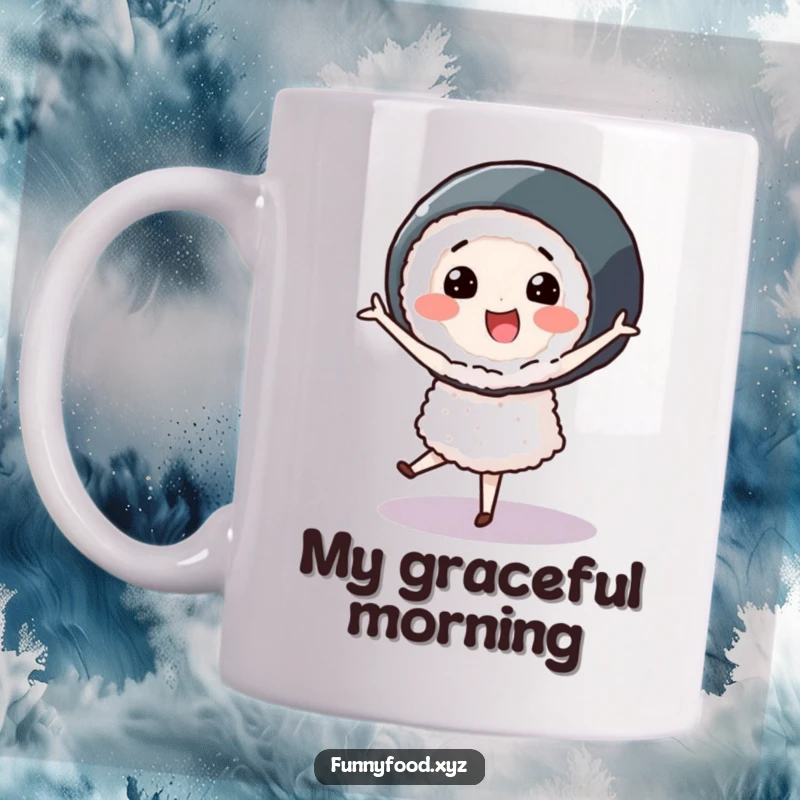Smiling sushi roll character gracefully performing a pirouette, adding elegance and humor to this mug.