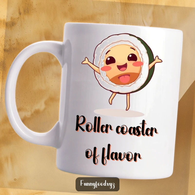 Funny mug featuring a joyful sushi roll mid-cartwheel, radiating pure happiness and playful energy.