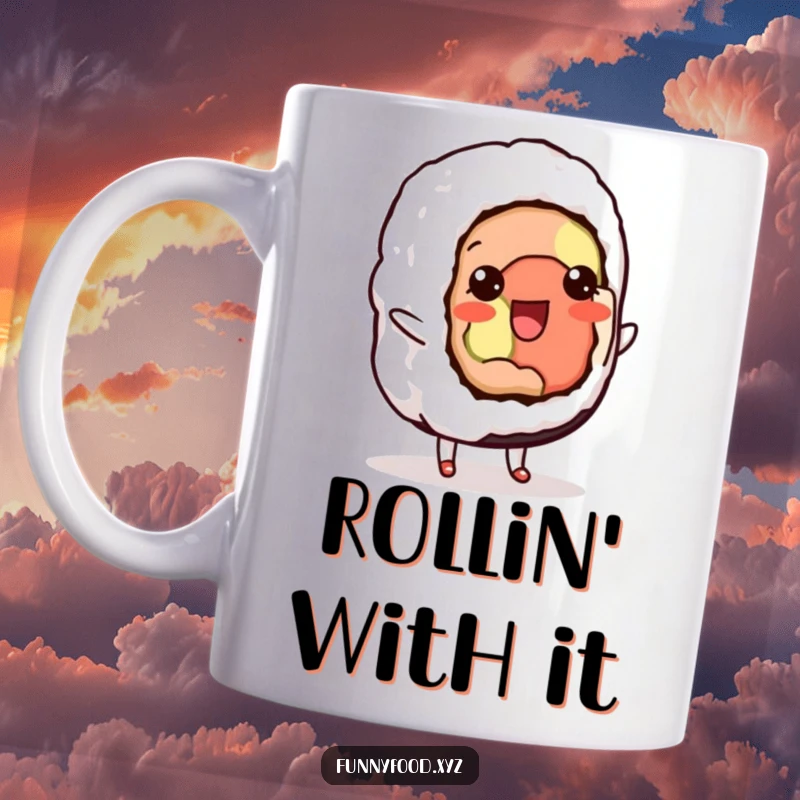 Funny mug showcasing a delighted sushi roll with subtle leg movements performing a charming little shuffle, radiating joy.