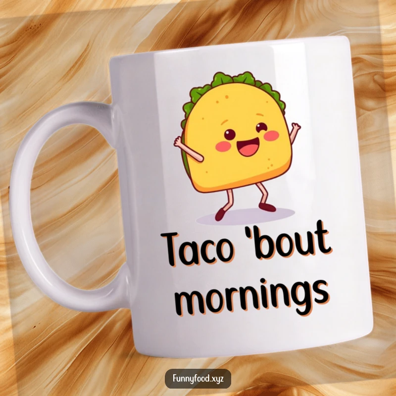 Funny mug depicting a happy taco with legs joyfully dancing, celebrating with festive energy and a fun vibe.