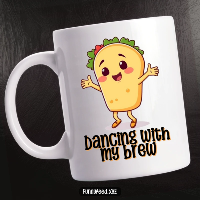 Funny taco character enthusiastically doing a silly dance, smiling widely on a ceramic mug.