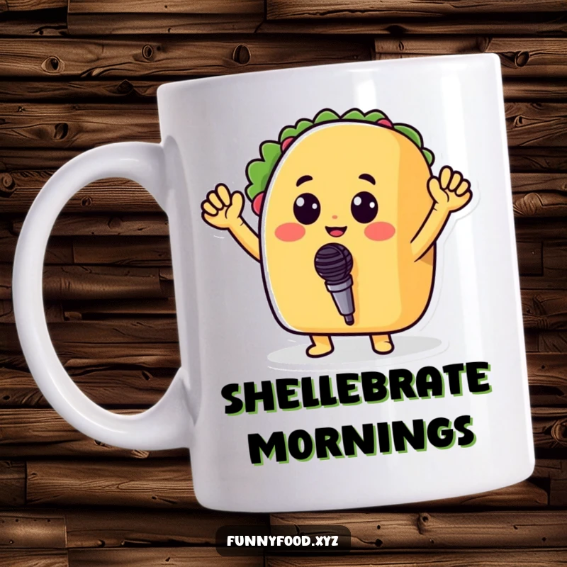 Funny mug depicting a cheerful taco with outstretched arms, energetically holding a tiny microphone, ready to perform.