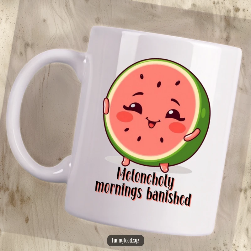 Funny Watermelon Mug featuring a cool, winking slice of watermelon striking a confident pose, ready for fun.