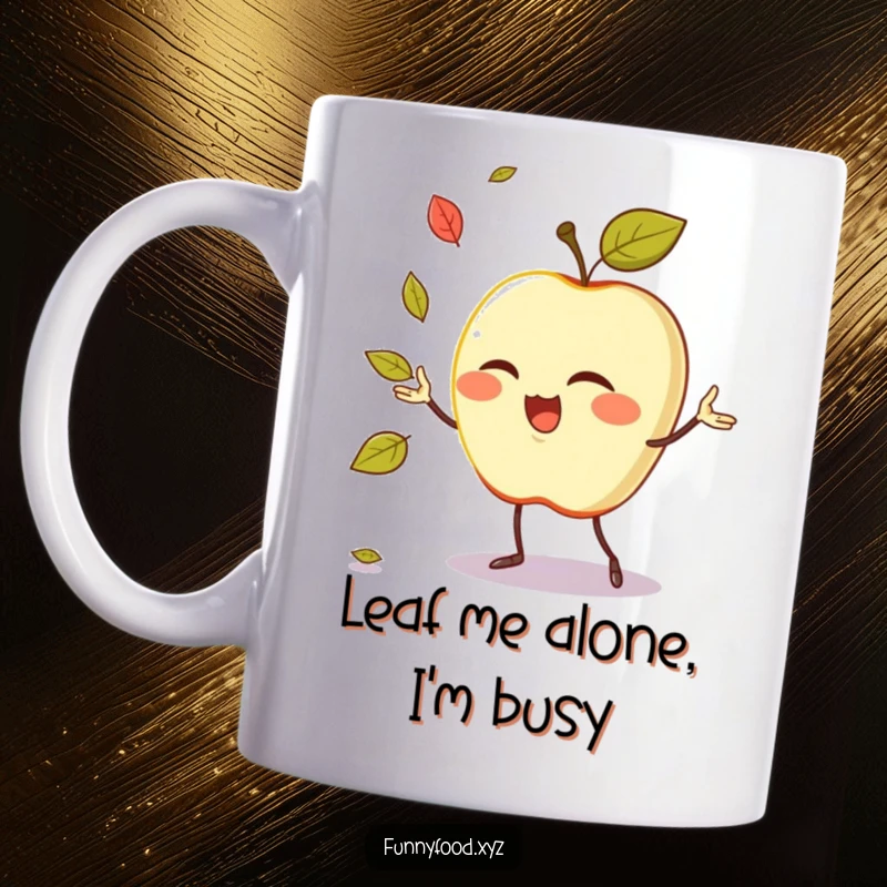 Funny apple mug featuring a winking anthropomorphic apple skillfully juggling tiny green leaves.