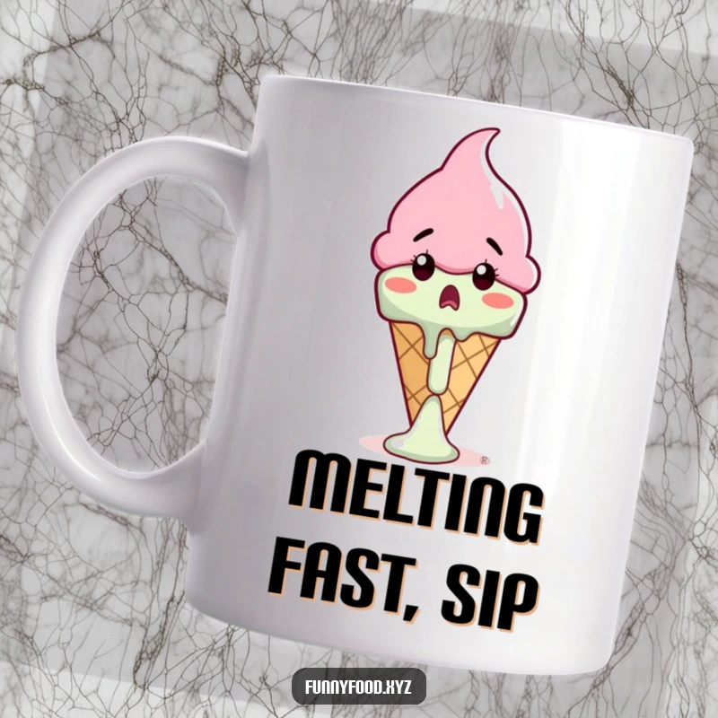 Funny ice cream cone mug depicting a surprised cone witnessing its own rapid melt, perfect for a humorous kitchen accessory.