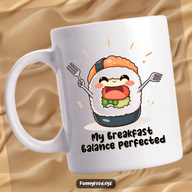 Funny Sushi Roll Mug: A cheerful sushi character joyfully juggles tiny forks, bringing laughter to your kitchen.
