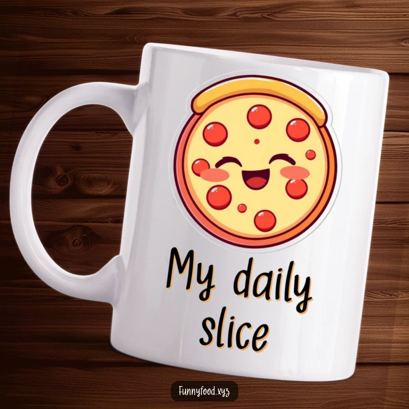 Funny pizza slice mug featuring a round, red, beaming pizza slice playfully winking, radiating cheesy charm. Perfect funny gift.