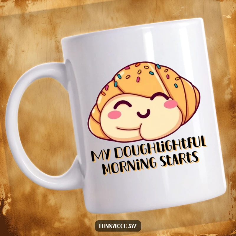 Funny croissant mug with a mischievous wink and colorful sprinkles, perfect for a joyful and humorous start to your day.
