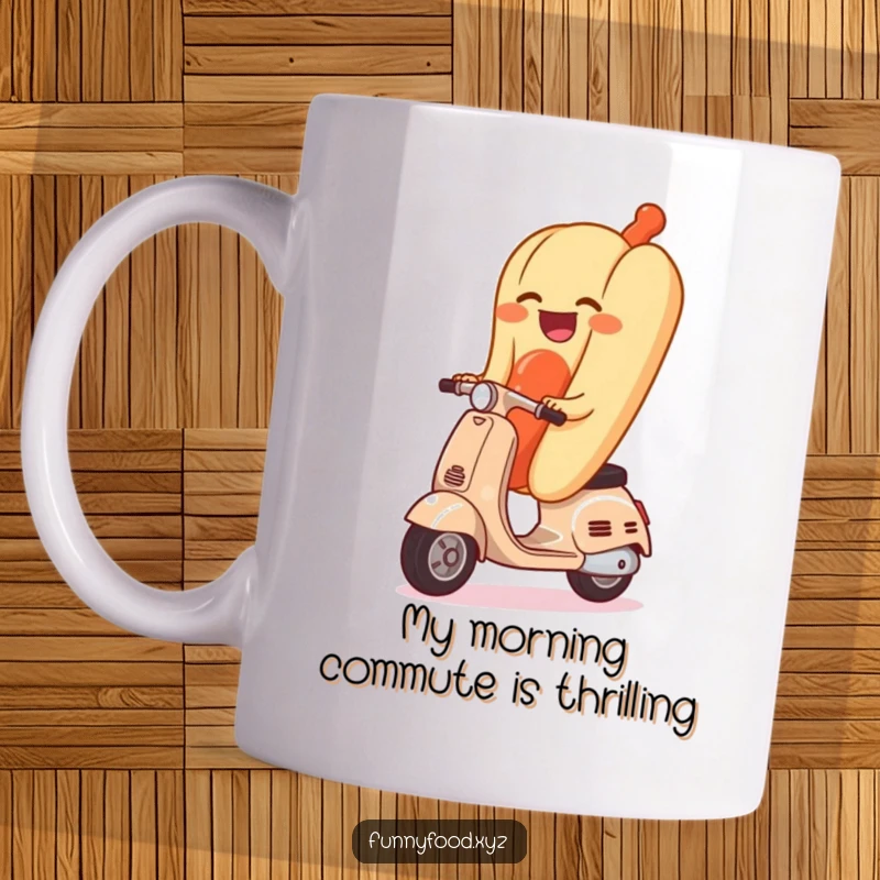 Funny mug showing a joyful hot dog with a wide grin riding a miniature scooter, exuding pure, unadulterated amusement.