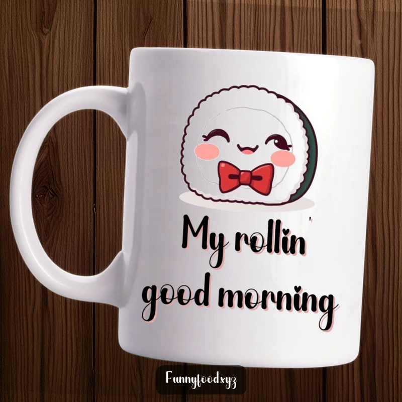 Funny sushi mug with a cheerful roll wearing a bowtie, giggling with delight, perfect for a humorous start to the day.