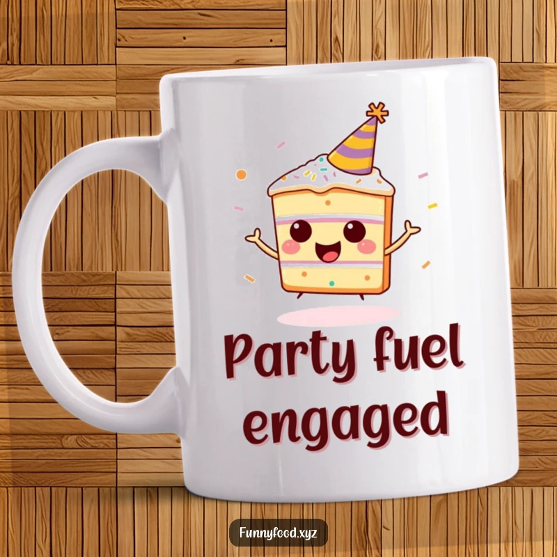 Funny happy cake slice mug, wearing a party hat, bouncing with sprinkles, a joyful and humorous celebration.