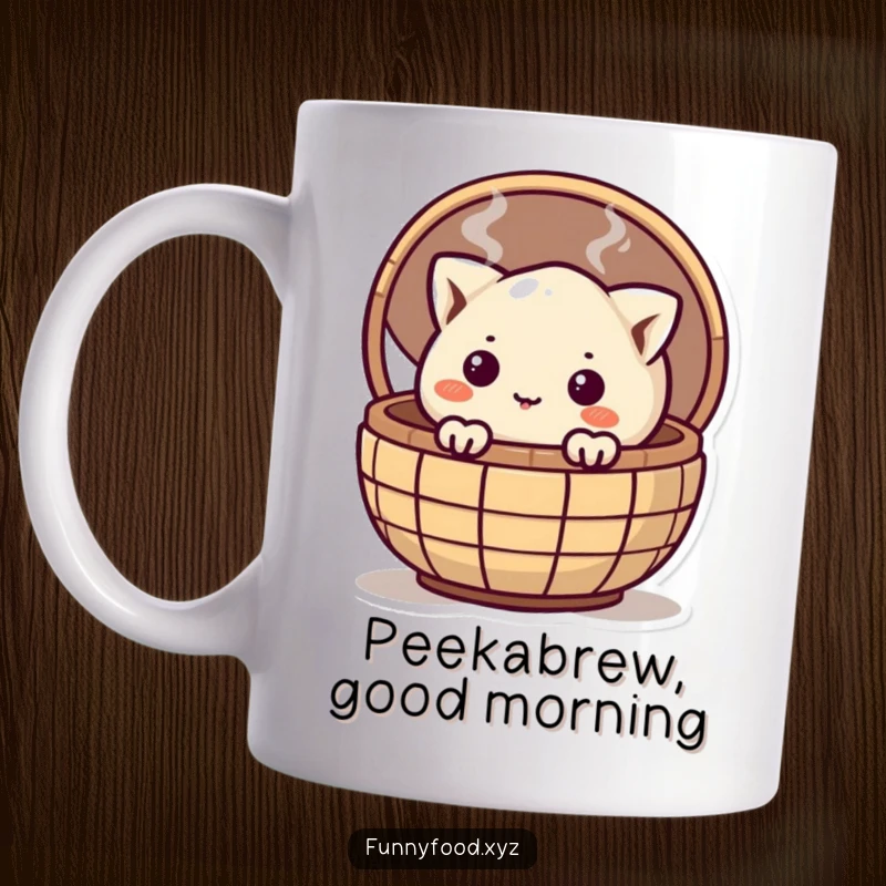 Funny curious dumpling character peeking out from a steaming bamboo basket, a delightful and humorous mug design.