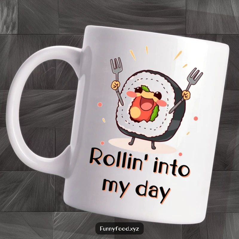 Funny mug featuring a happy sushi roll skillfully juggling tiny forks, perfect for sushi enthusiasts.