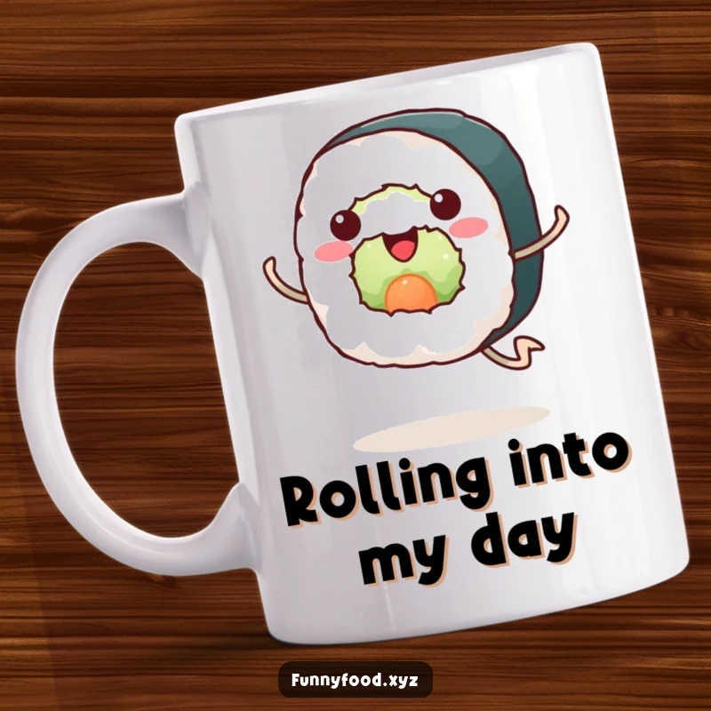 Funny sushi mug, a happy sushi roll with little legs running enthusiastically, celebrating speed and deliciousness.