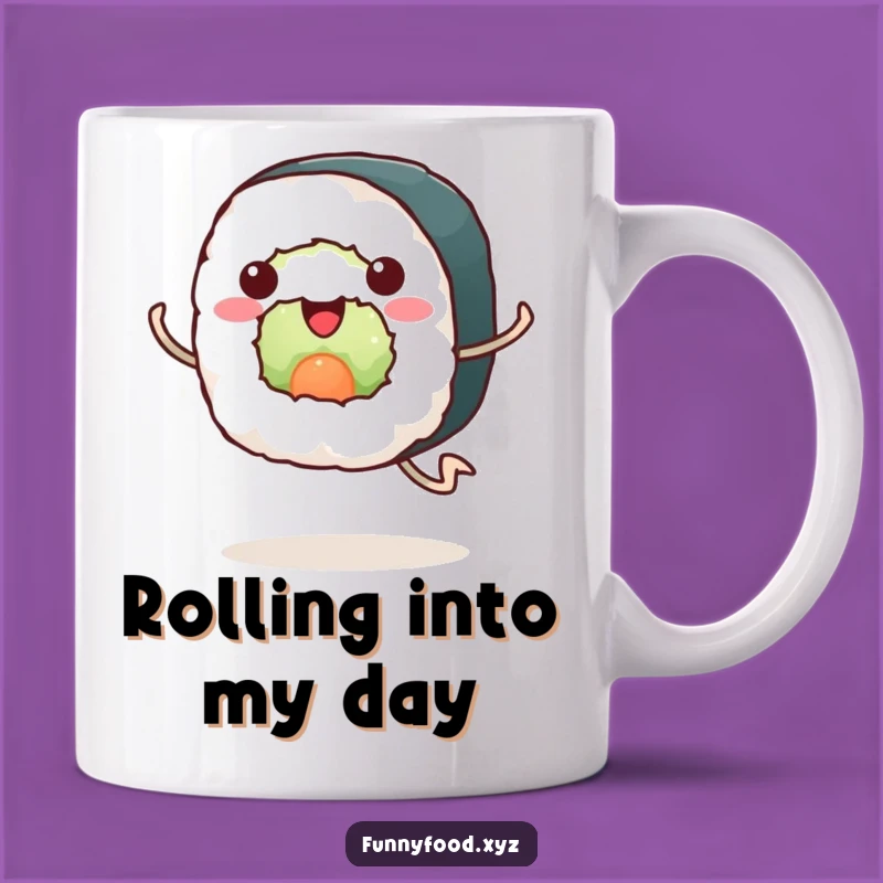 Funny Sushi Run Mug: Enthusiastic Sushi Roll Character, Perfect Gift for Food Lovers