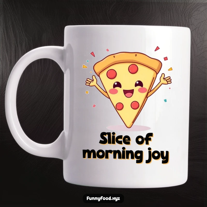 Funny mug with a grinning pizza slice joyfully throwing confetti, perfect for pizza parties.