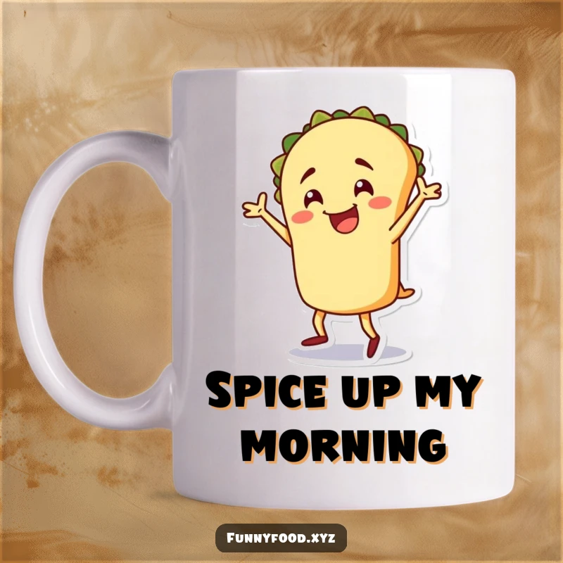 Funny taco mug, a cheerful taco character doing a silly dance with excitement, celebrating flavor and fun.