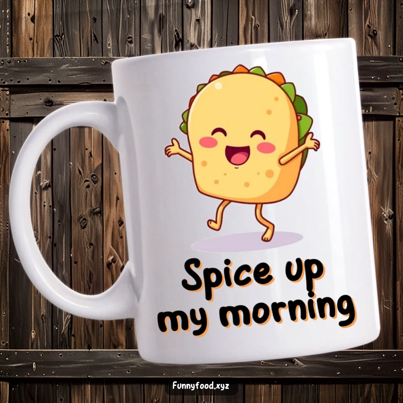 Funny taco mug, featuring a cheerful taco with legs doing a lively salsa dance, perfect for fiesta lovers.