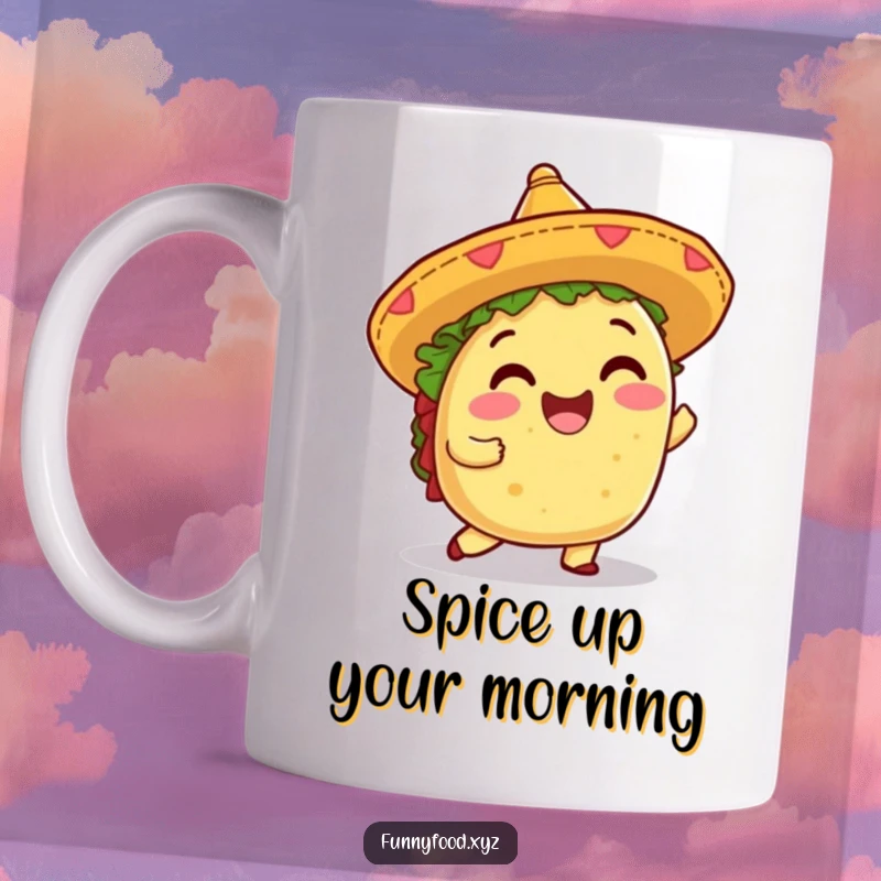 Funny taco mug with a tiny sombrero, happily shimmying with delight, bringing festive energy and humor.