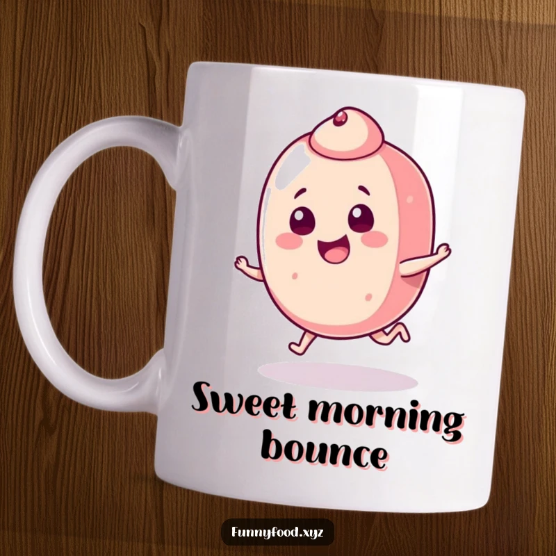 Funny candy piece mug showing a happy candy doing a mischievous hop, perfect for a whimsical kitchen accessory.