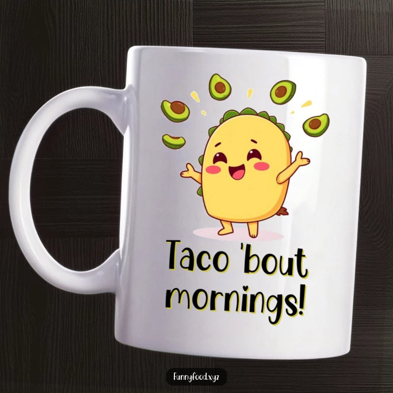 Funny Taco Avocado Mug: A cheerful taco character happily juggles small slices of avocado, ready to serve deliciousness.