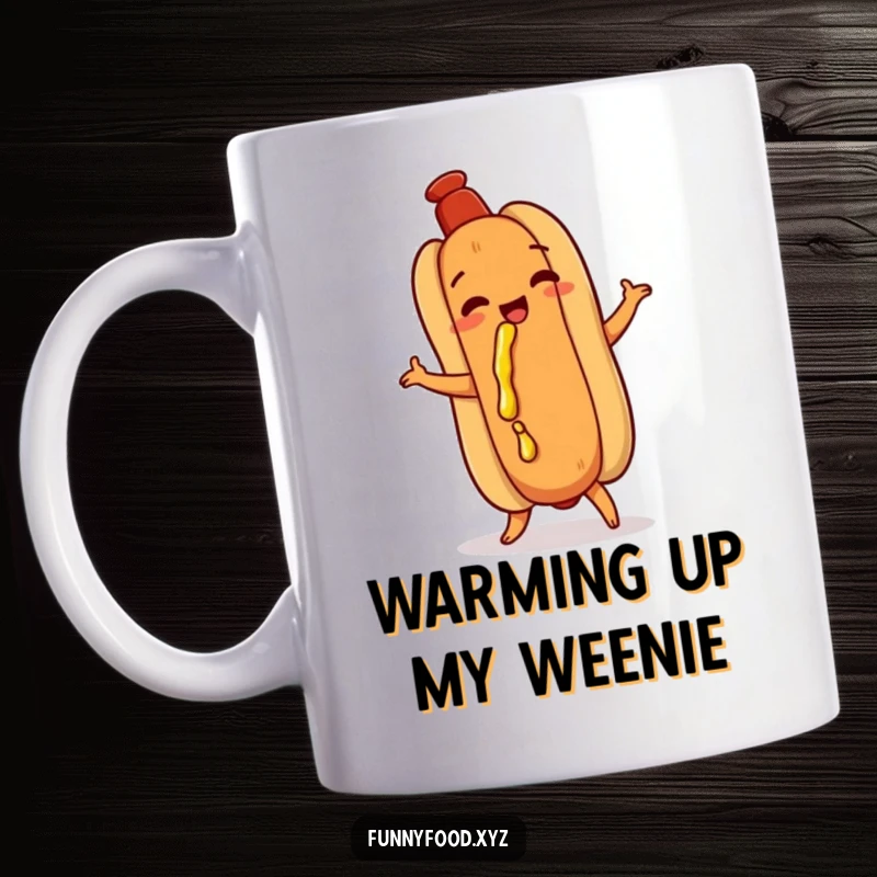 Funny hot dog mug, doing a playful shimmy, with a dribble of mustard, capturing a humorous and energetic food moment.