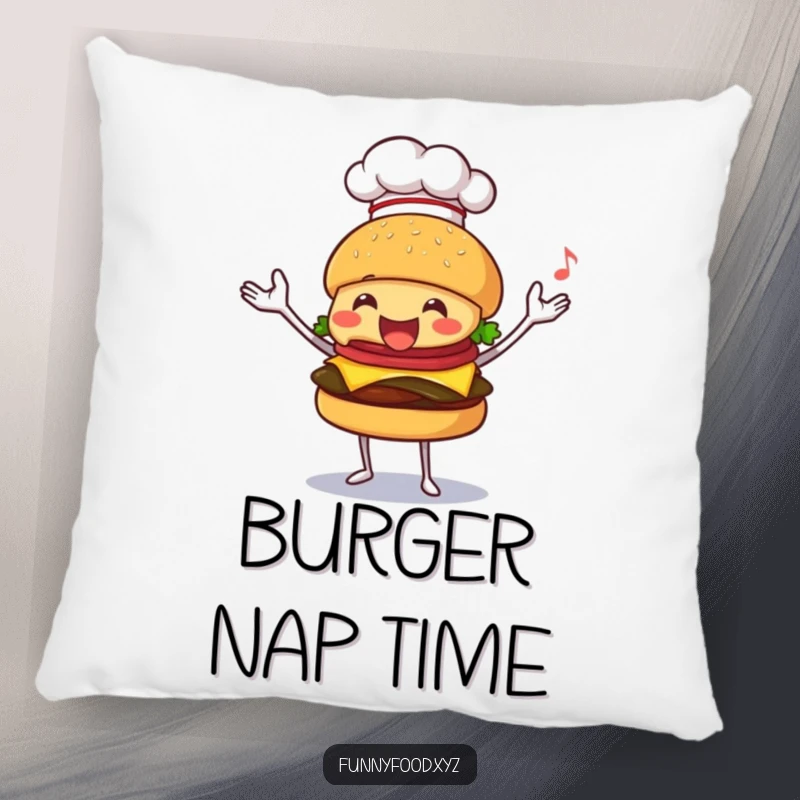 Funny pillow showing a happy burger chef juggling, bringing comfort and playful culinary energy.