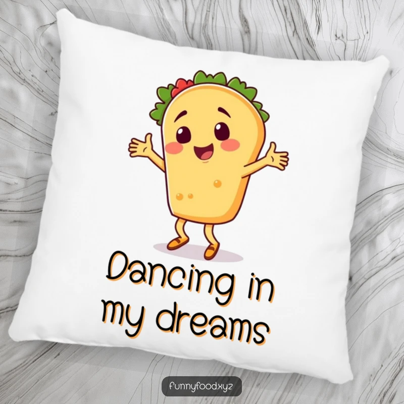 A plush pillow showcasing a funny taco character in a silly dance pose, bringing humor to comfort.
