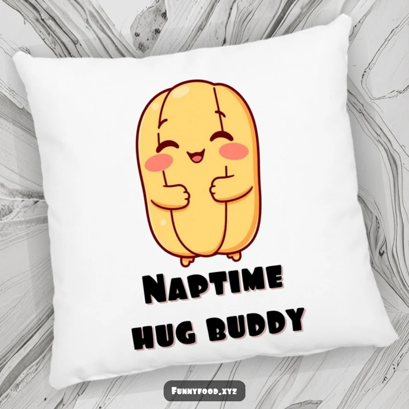 Funny hot dog bun pillow featuring a cheerful bun giving a big, warm hug, perfect for adding comfort and humor.