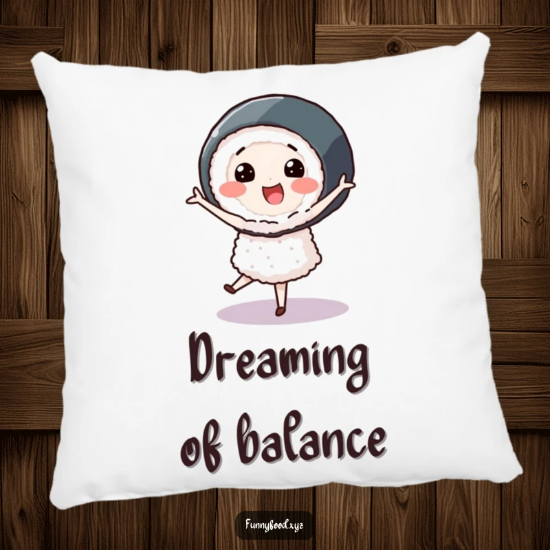 Smiling sushi roll character performing a graceful pirouette, designed for a comfortable and humorous pillow.
